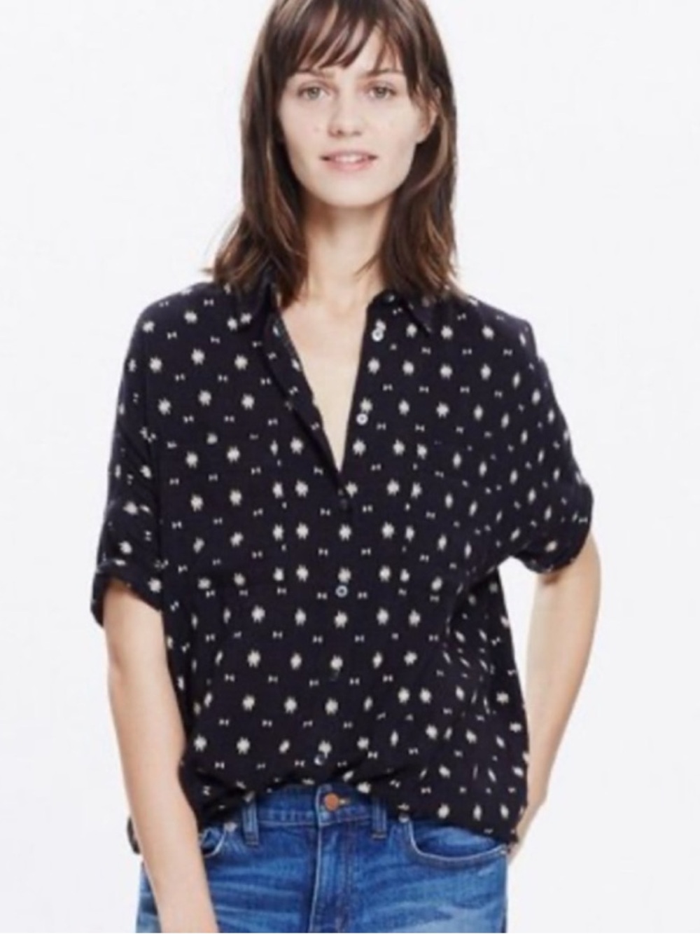 Madewell Black Short-Sleeve Button Down Shirt with White Dot Print